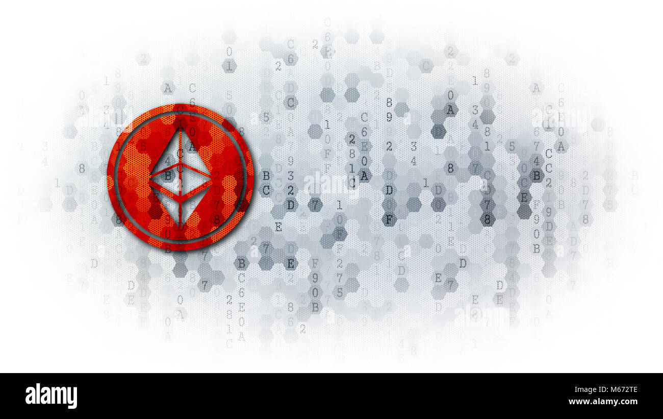 Ethereum - Coin pittogramma scuro su sfondo digitale. Foto Stock