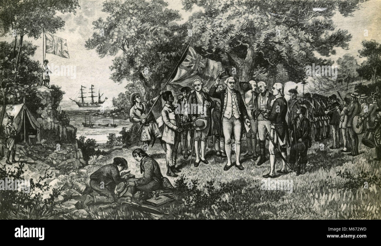 La Captain Cook annunciando il Nuovo Galles del Sud in Australia un possedimento britannico, Botan Bay 1770 Foto Stock