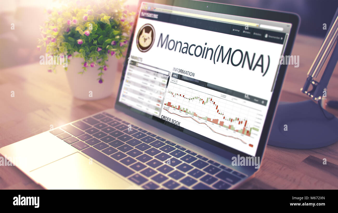 La dinamica del costo del MONACOIN onLaptop schermo. Cryptocurrency Foto Stock
