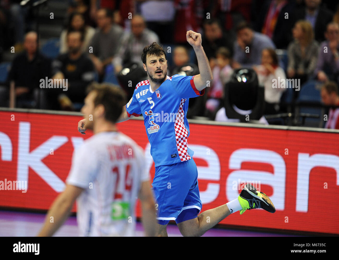 CRACOV, Polonia - 29 gennaio 2016: Uomini EHF European Handball Federation EURO 2016 Cracovia Tauron Arena Norvegia Croazia o/p: Domagoj Duvnjak Foto Stock