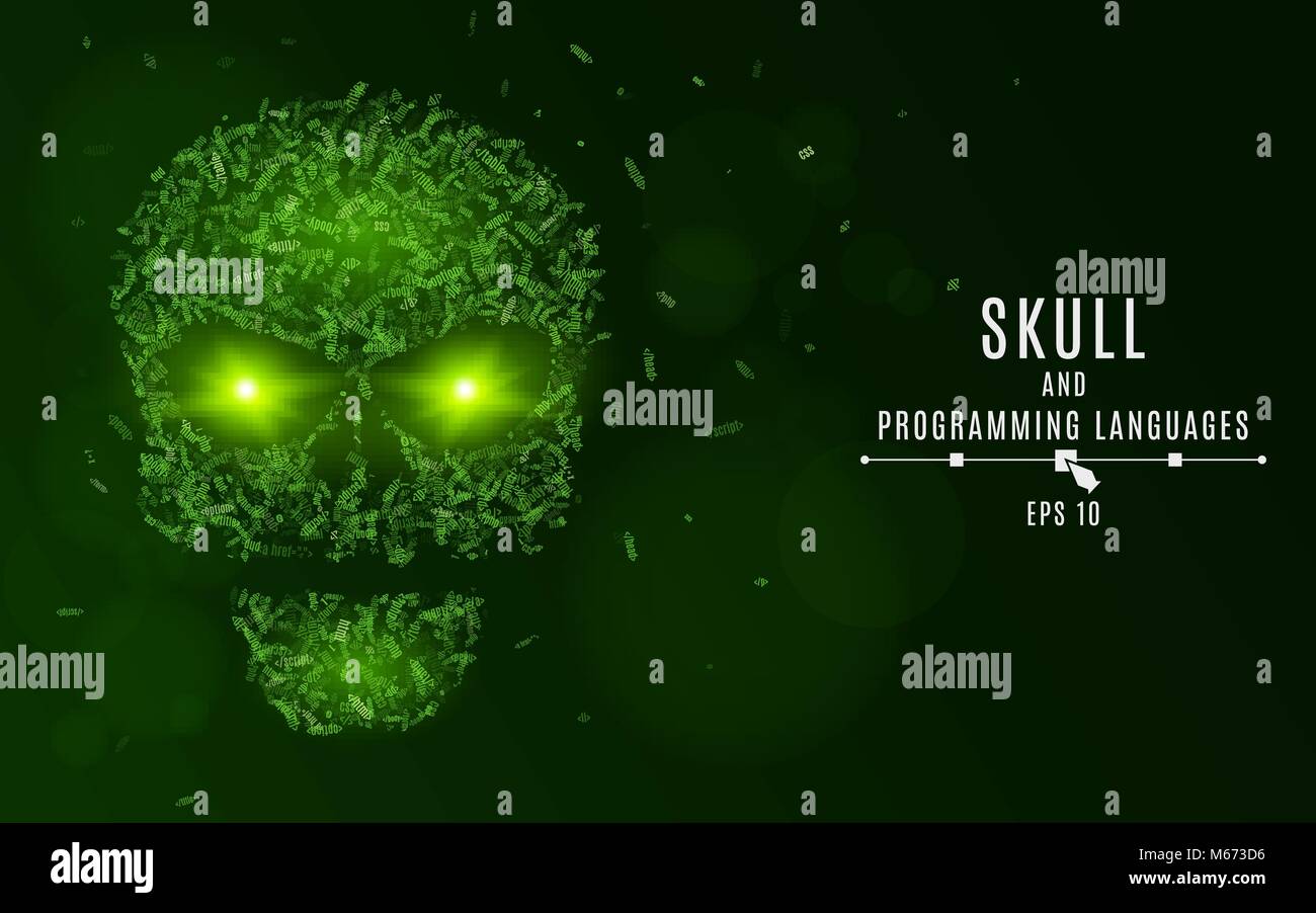 Abstract incandescente cranio di colore verde da simboli. Tag di linguaggi di programmazione. Database. Gli occhi luccicanti. Html, PHP, CSS, Java. Illustrati del vettore Illustrazione Vettoriale