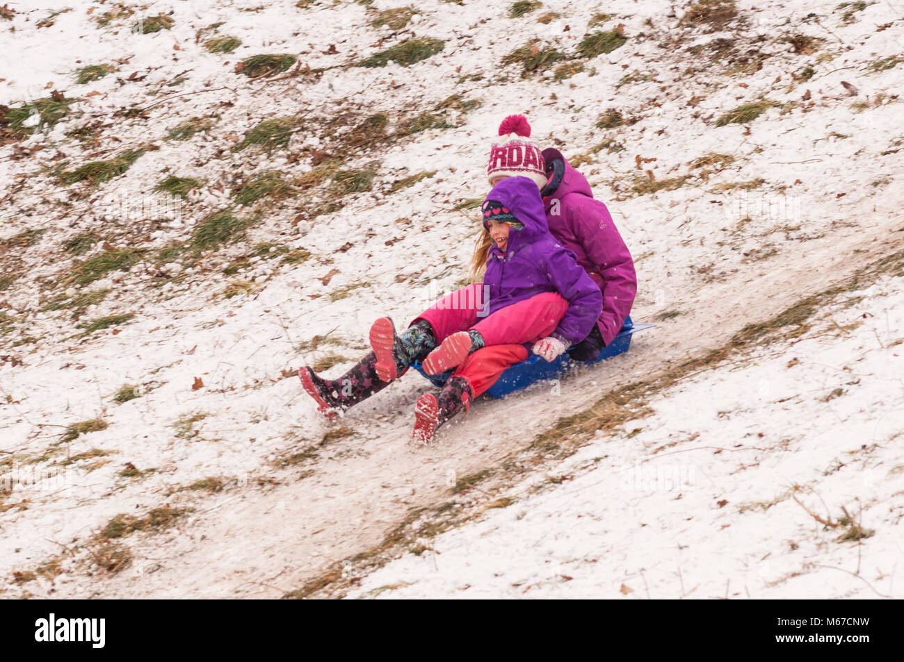 Suffolk , in Inghilterra. 1 marzo 2018. Regno Unito Meteo: bambini divertirsi su slitte in Bungay, Suffolk, Regno Unito come condizioni di congelamento continua. Credito: Tim Oram/Alamy Live News Foto Stock
