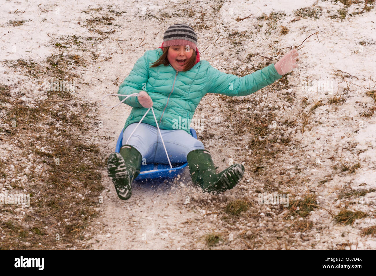 Suffolk , in Inghilterra. 1 marzo 2018. Regno Unito Meteo: bambini divertirsi su slitte in Bungay, Suffolk, Regno Unito come condizioni di congelamento continua. Credito: Tim Oram/Alamy Live News Foto Stock