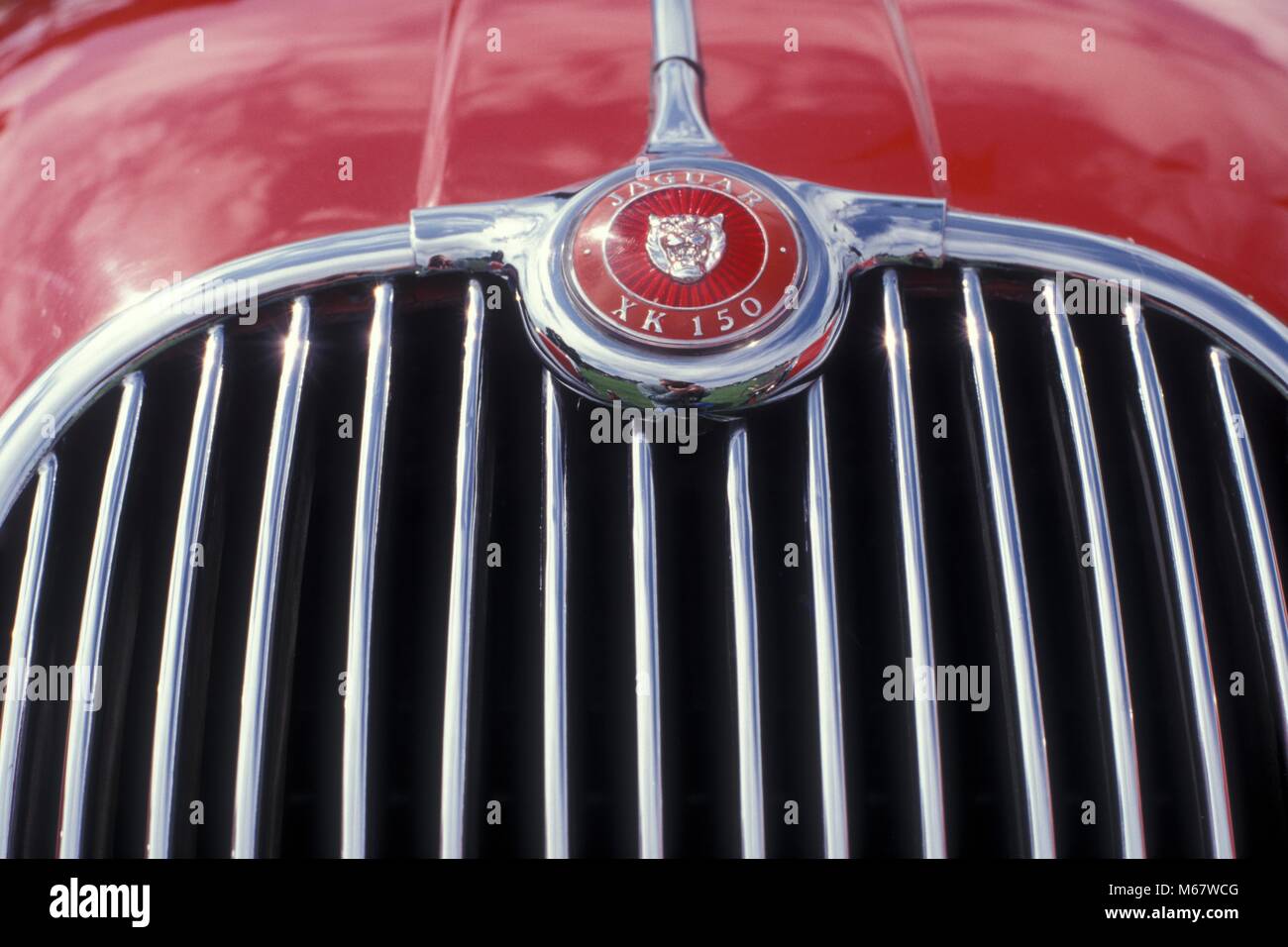 Close up dettaglio foto di chrome la griglia del radiatore di una Jaguar XK 150 con il badge Foto Stock