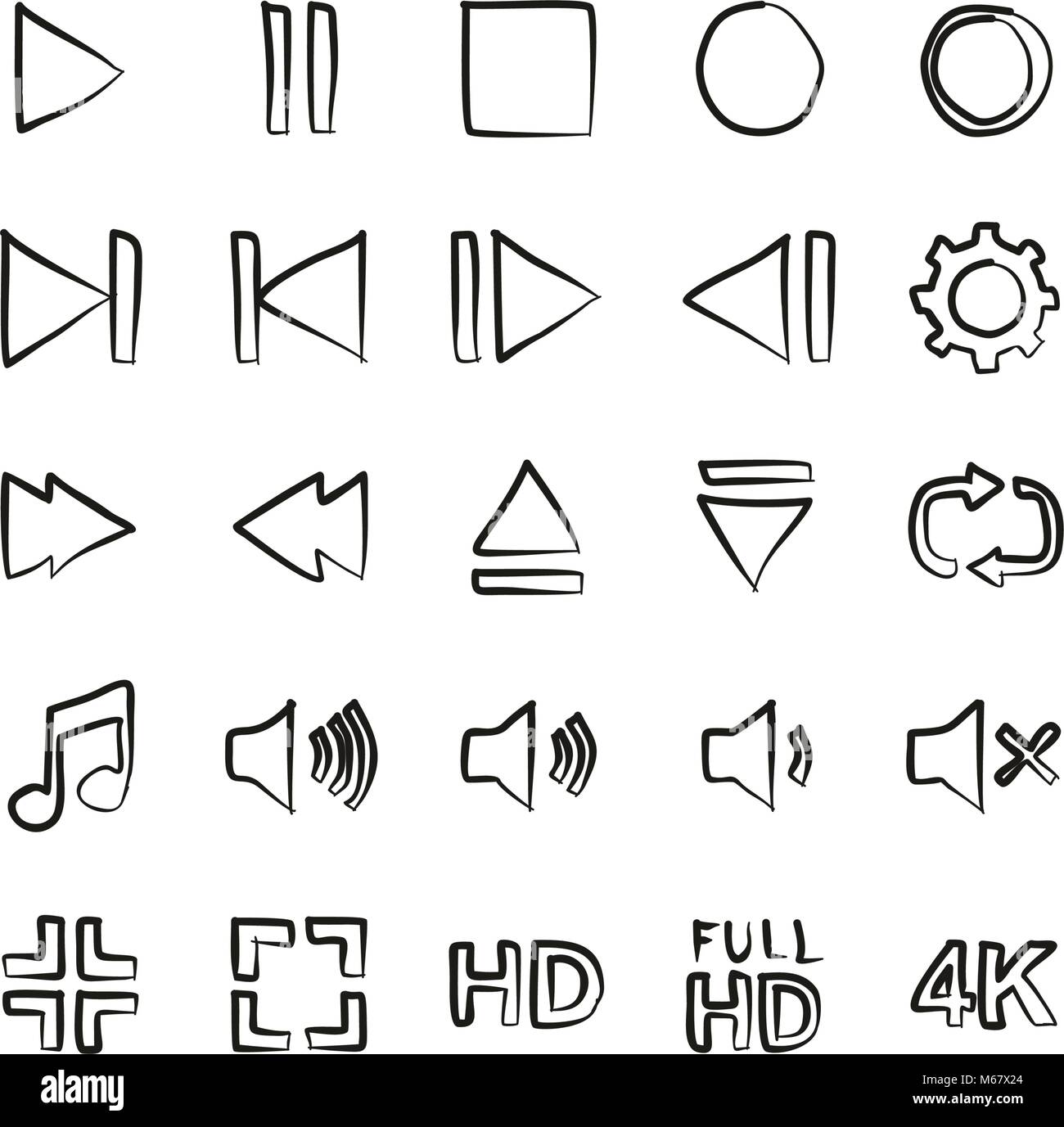 Il video o la musica o il pulsante Fotocamera icone di Freehand Illustrazione Vettoriale
