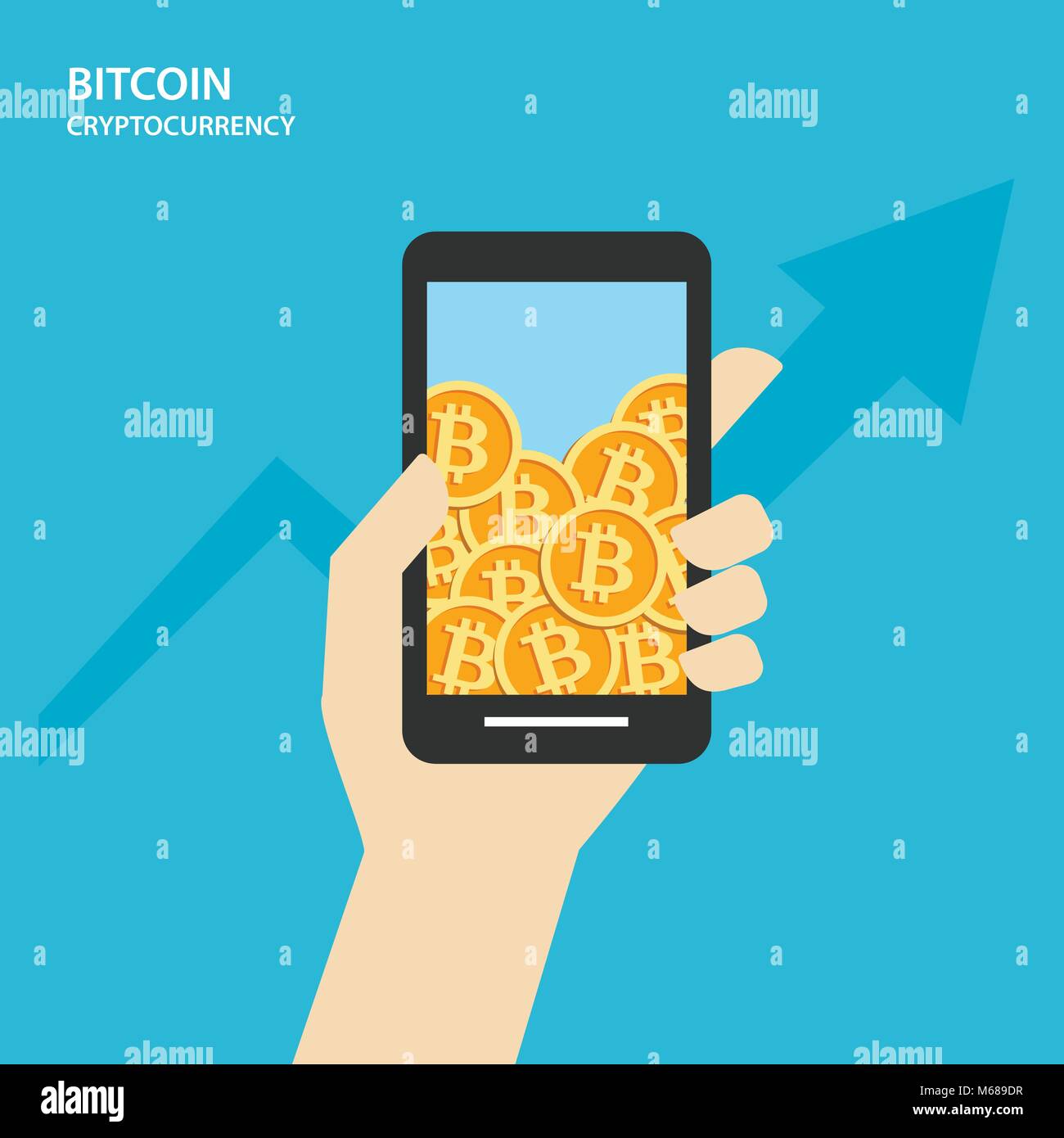 Bitcoin sugli smartphone con mano umana. Cryptocurrency concetto di mercato. Illustrazione Vettoriale