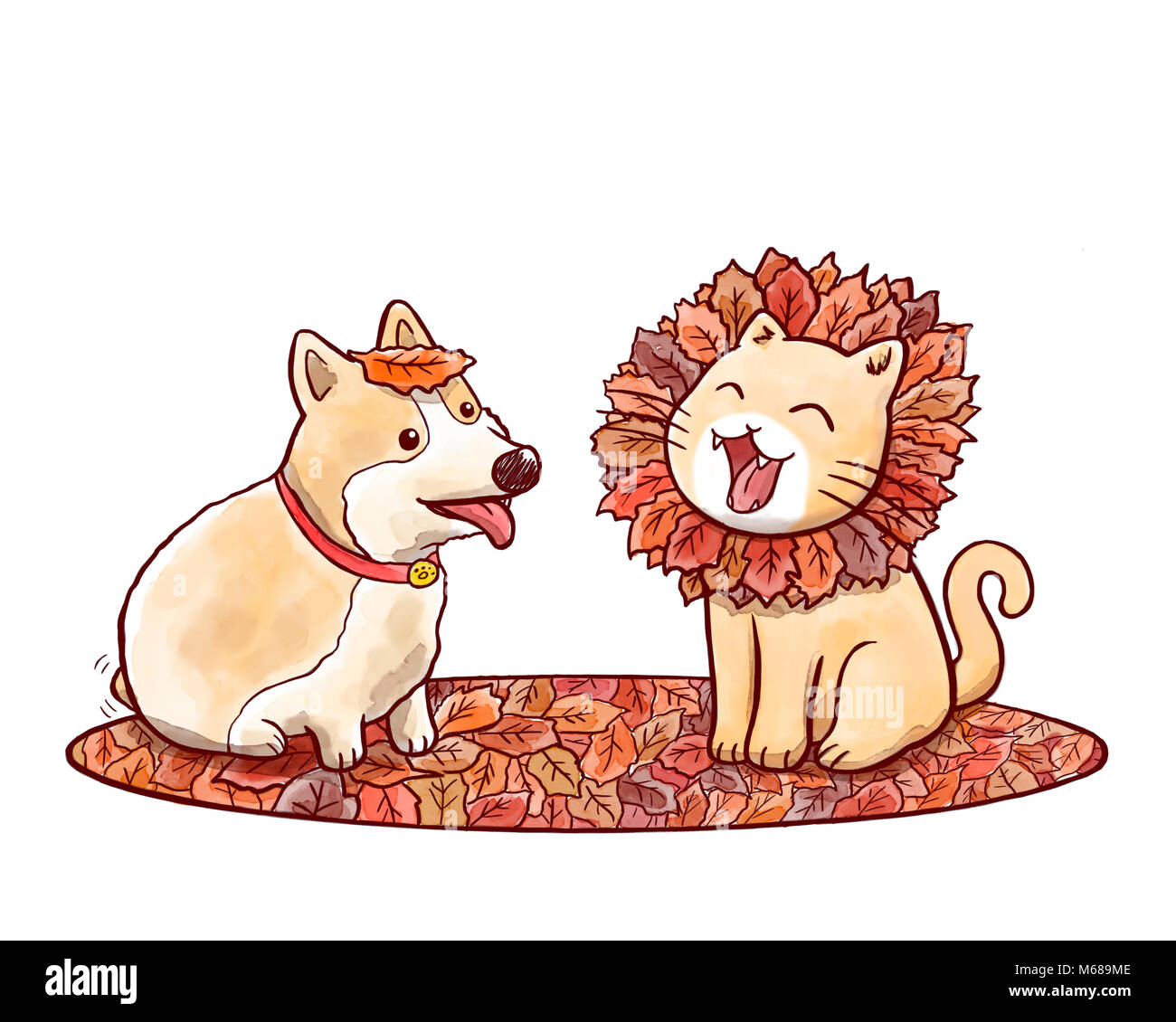 Corgi cane e gatto imitando un leone con la criniera fatta di foglie di  autunno Foto stock - Alamy