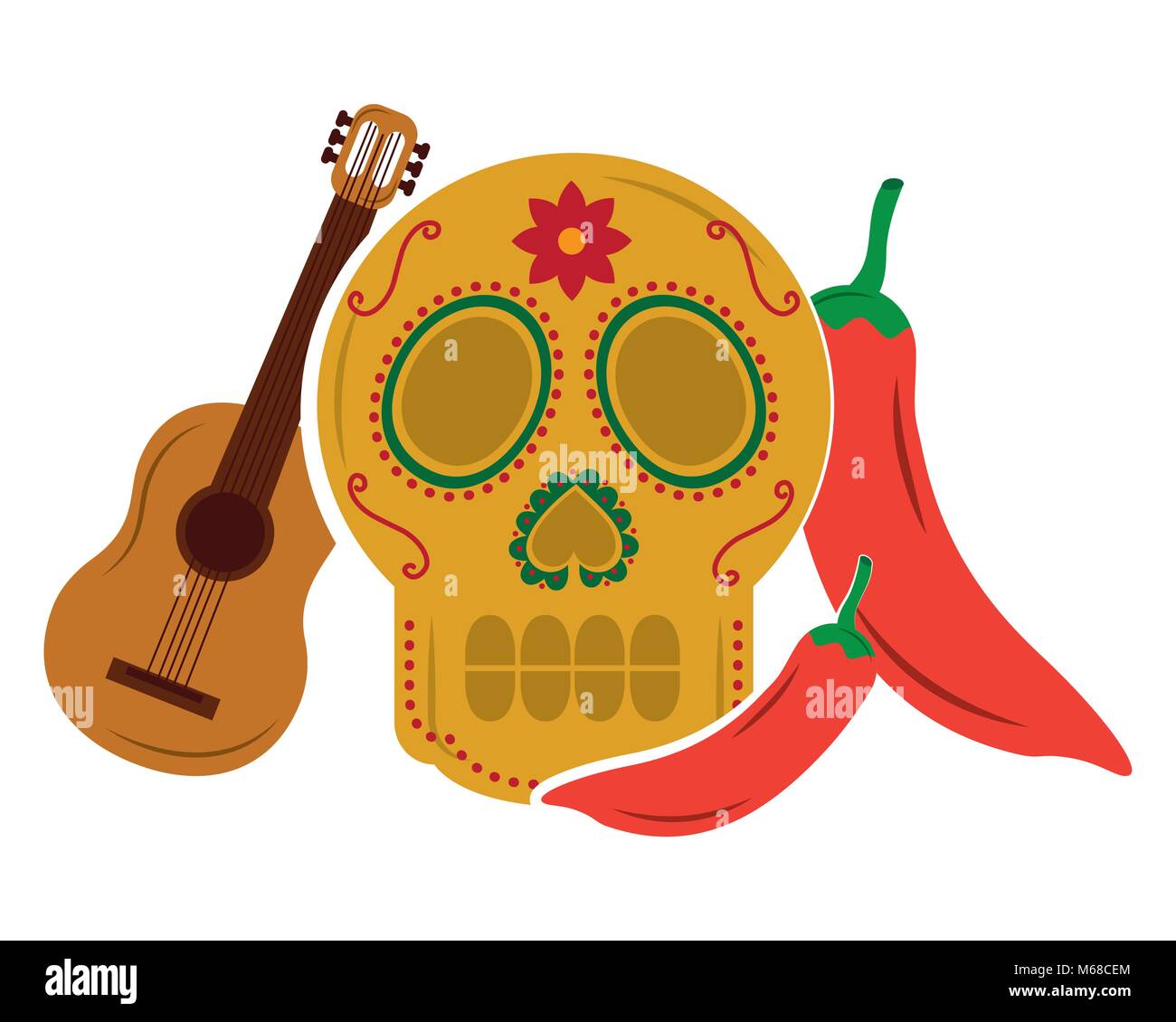 Viva il Messico cranio guitar peperoncino illustrazione vettoriale Illustrazione Vettoriale