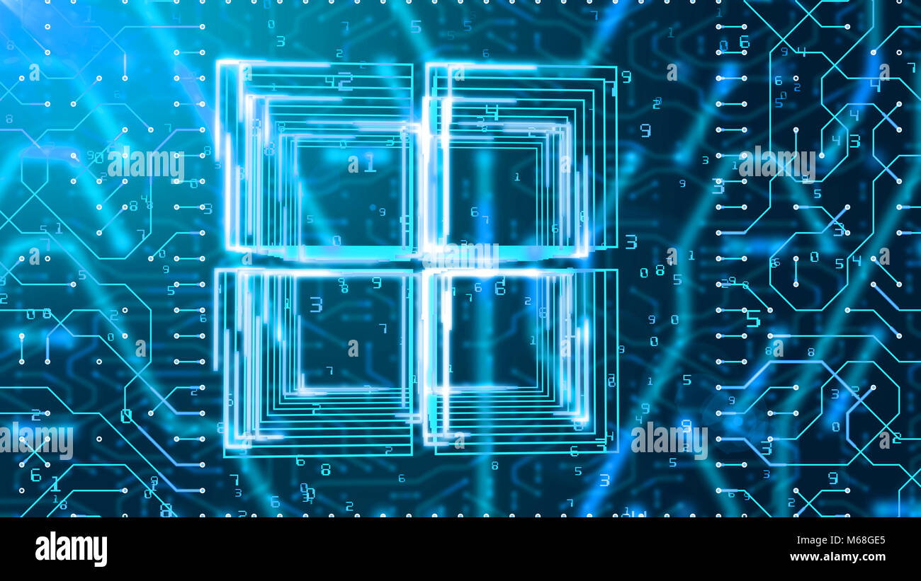 Un neo-geo 3d illustrazione di una scheda di circuito guardando come quattro piazze poste direttamente con una croce all'interno e numeri di matrice in sfondo nero. Foto Stock