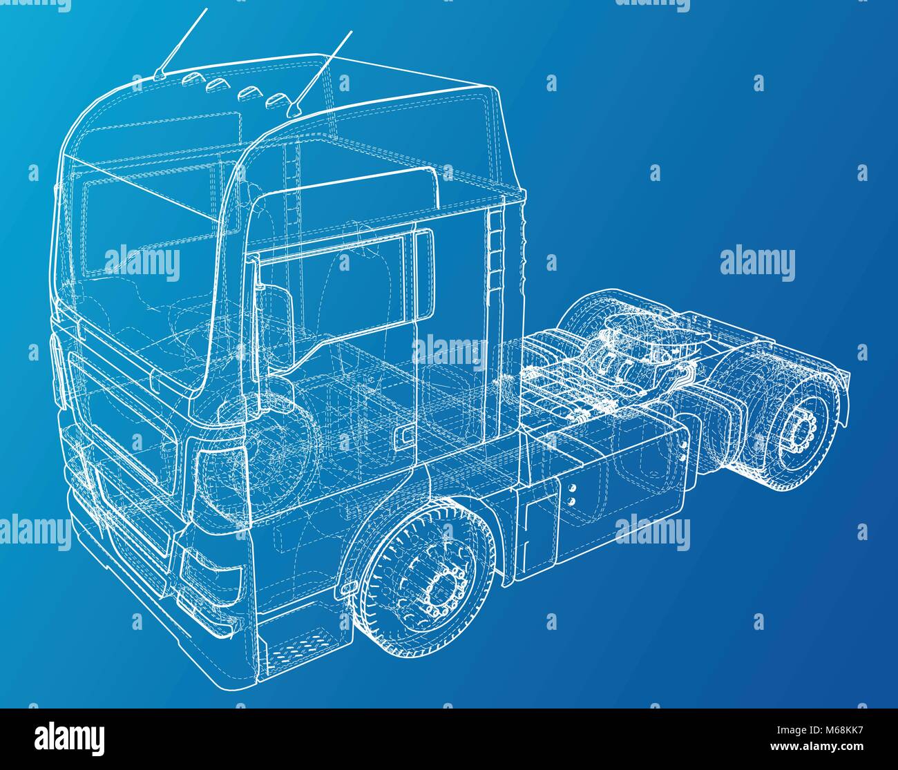 Eurotrucks isolato su sfondo blu. Erogazione di disposizione del veicolo per la corporate brand identity design. Vista dall'alto. Illustrazione di tastatura di 3d. EPS 10 formato vettoriale. Illustrazione Vettoriale