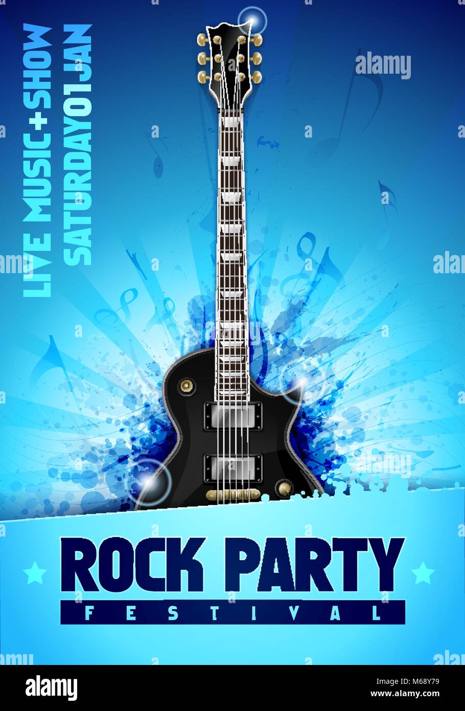 Illustrazione Vettoriale blue rock festival party flyer design modello con la chitarra, il posto per il testo e per raffreddare glow splash effetti in background Illustrazione Vettoriale