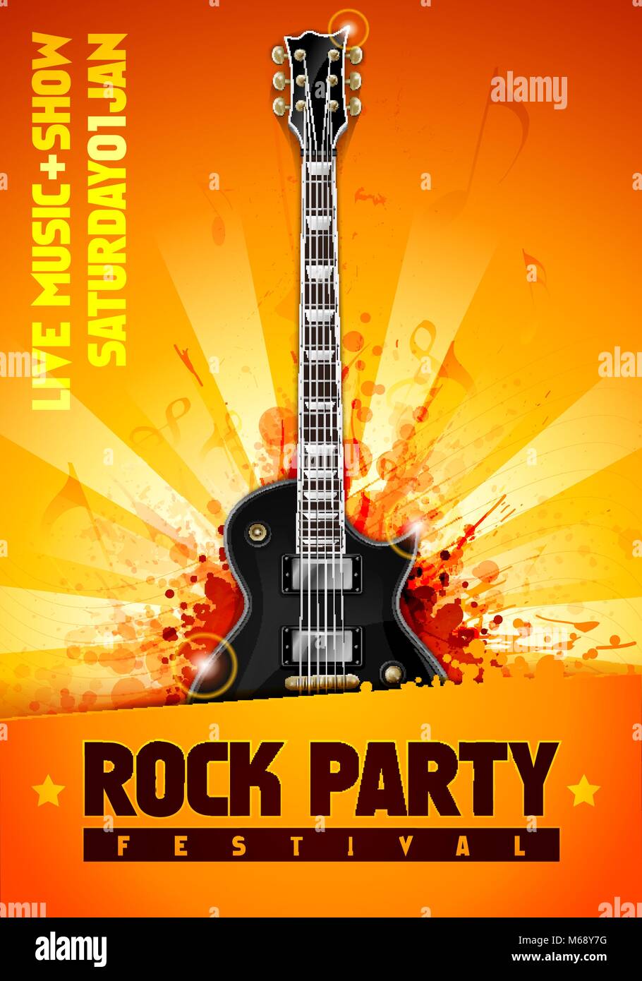 Illustrazione Vettoriale orange rock festival party flyer design modello con la chitarra, il posto per il testo e per raffreddare glow splash effetti in background Illustrazione Vettoriale