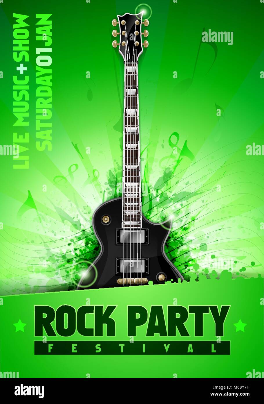 Illustrazione Vettoriale verde festival rock party flyer design modello con la chitarra, il posto per il testo e per raffreddare glow splash effetti in background Illustrazione Vettoriale