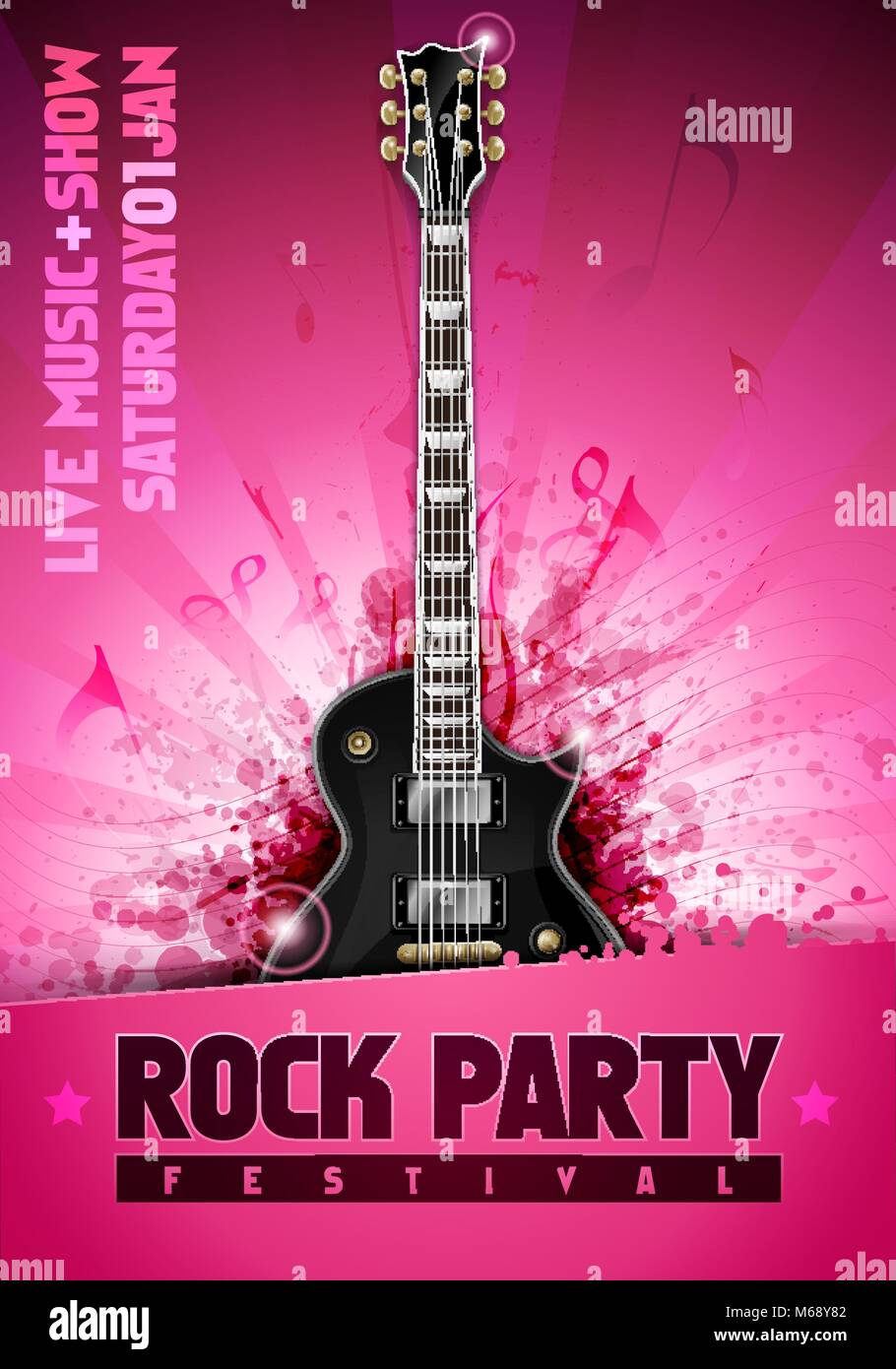 Illustrazione Vettoriale rosa rock festival party flyer design modello con la chitarra, il posto per il testo e per raffreddare glow splash effetti in background Illustrazione Vettoriale