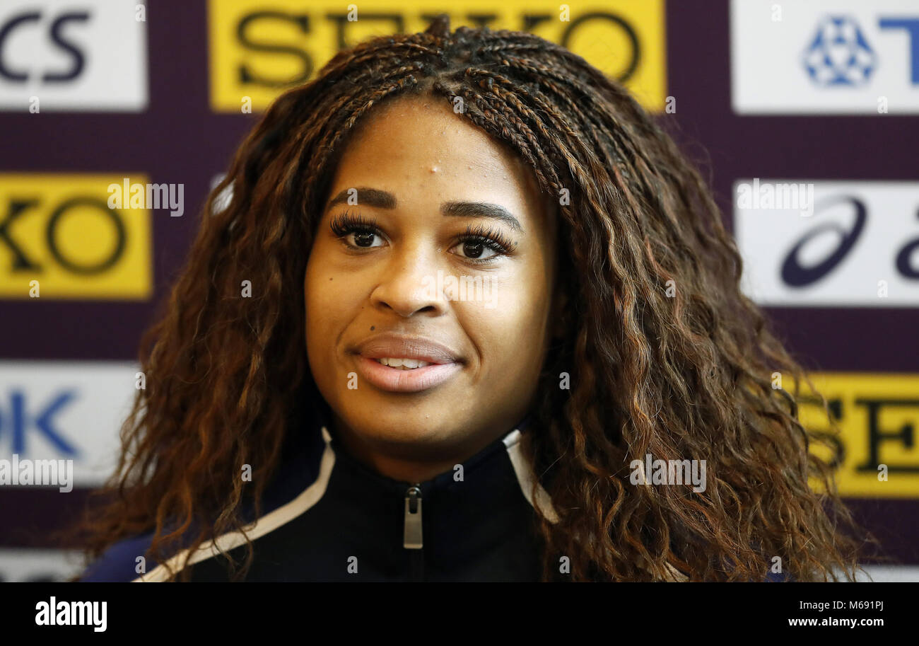 Stati Uniti d'America 60m CENTOMETRISTA A OSTACOLI Sharika Nelvis, durante una conferenza stampa presso l'Arena Birmingham, durante il giorno uno del 2018 IAAF Indoor campionati mondiali all'Arena Birmingham, Birmingham. Stampa foto di associazione. Picture Data: giovedì 1 marzo 2018. Vedere PA storia di atletica leggera indoor. Foto di credito dovrebbe leggere: Martin Rickett/filo PA. Foto Stock