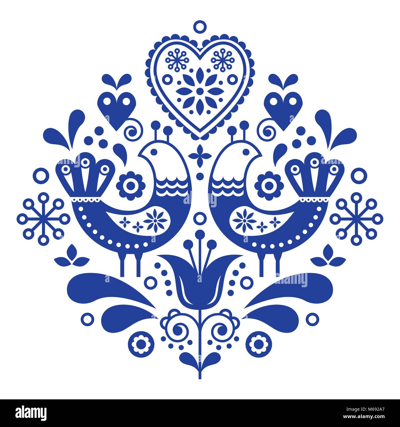 Scandinavian folk art pattern con uccelli e fiori, nordic design floreale, retro sfondo in blu navy Illustrazione Vettoriale