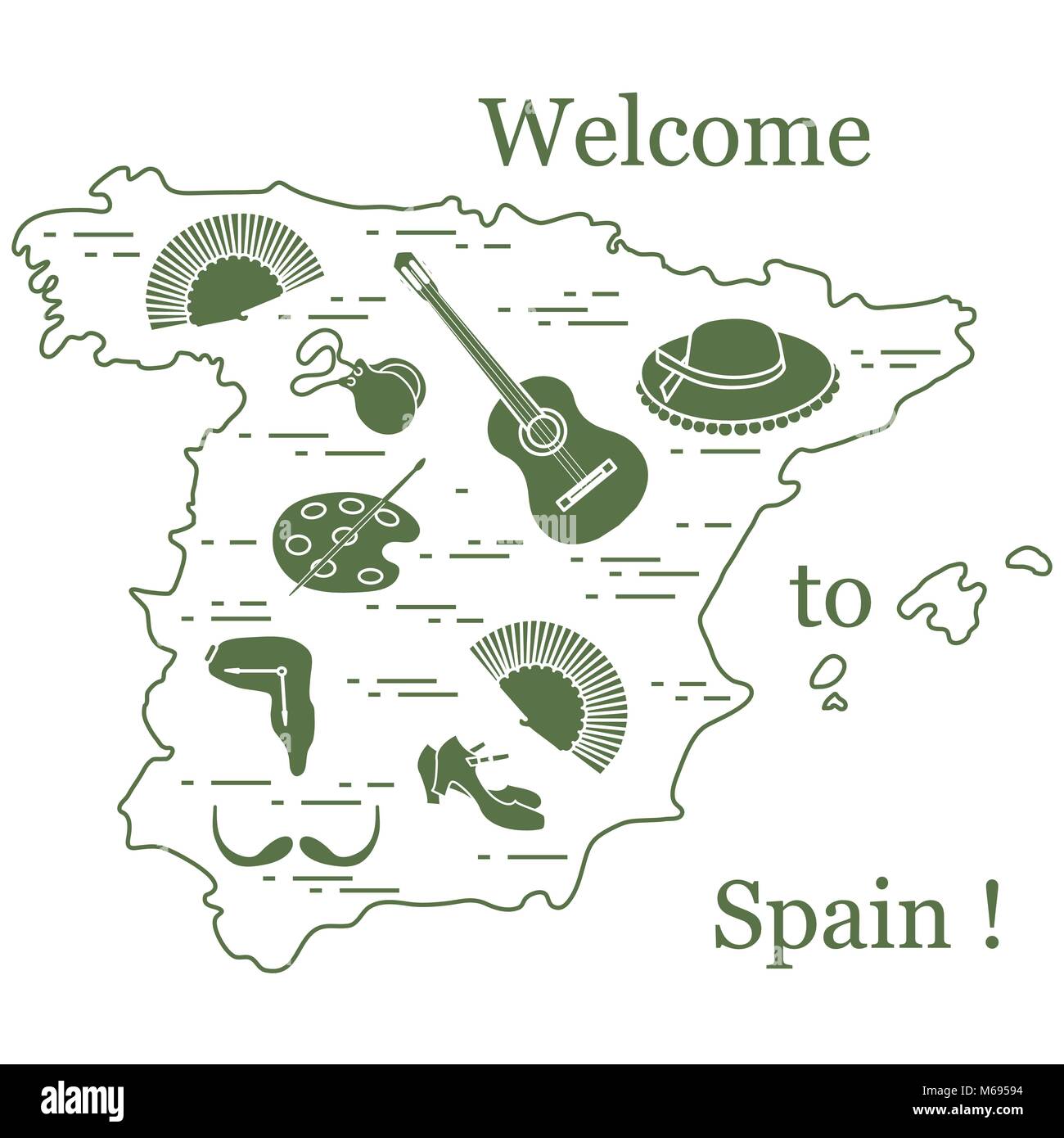 Illustrazione Vettoriale con vari simboli di Spagna disposti in un cerchio. Viaggi e tempo libero. Design per banner, poster o di stampa. Illustrazione Vettoriale