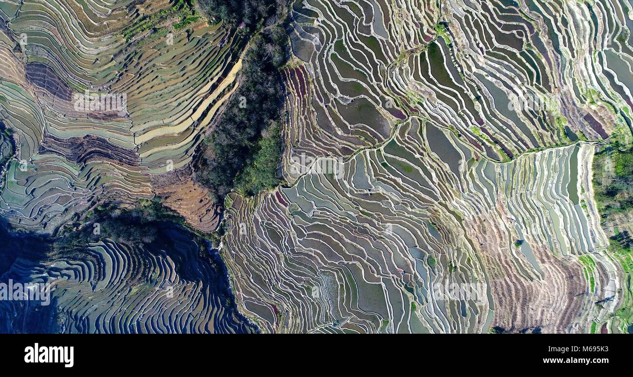 Vista aerea sul mondo più spettacolari campi di riso, il Yuanyang Hani terrazze di riso nel sud-est della provincia di Yunnan in Cina. Patrimonio Mondiale UNESCO Foto Stock