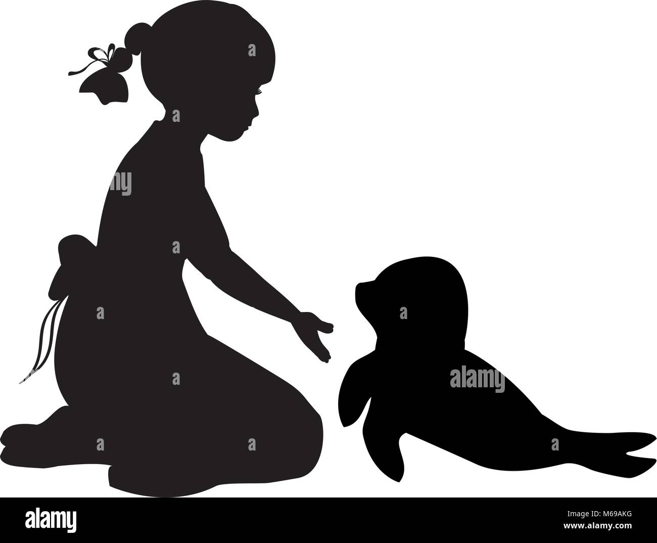 Silhouette ragazza seduta ginocchia fanno capolino cuccioli di foca .tenuta di protezione Illustrazione Vettoriale
