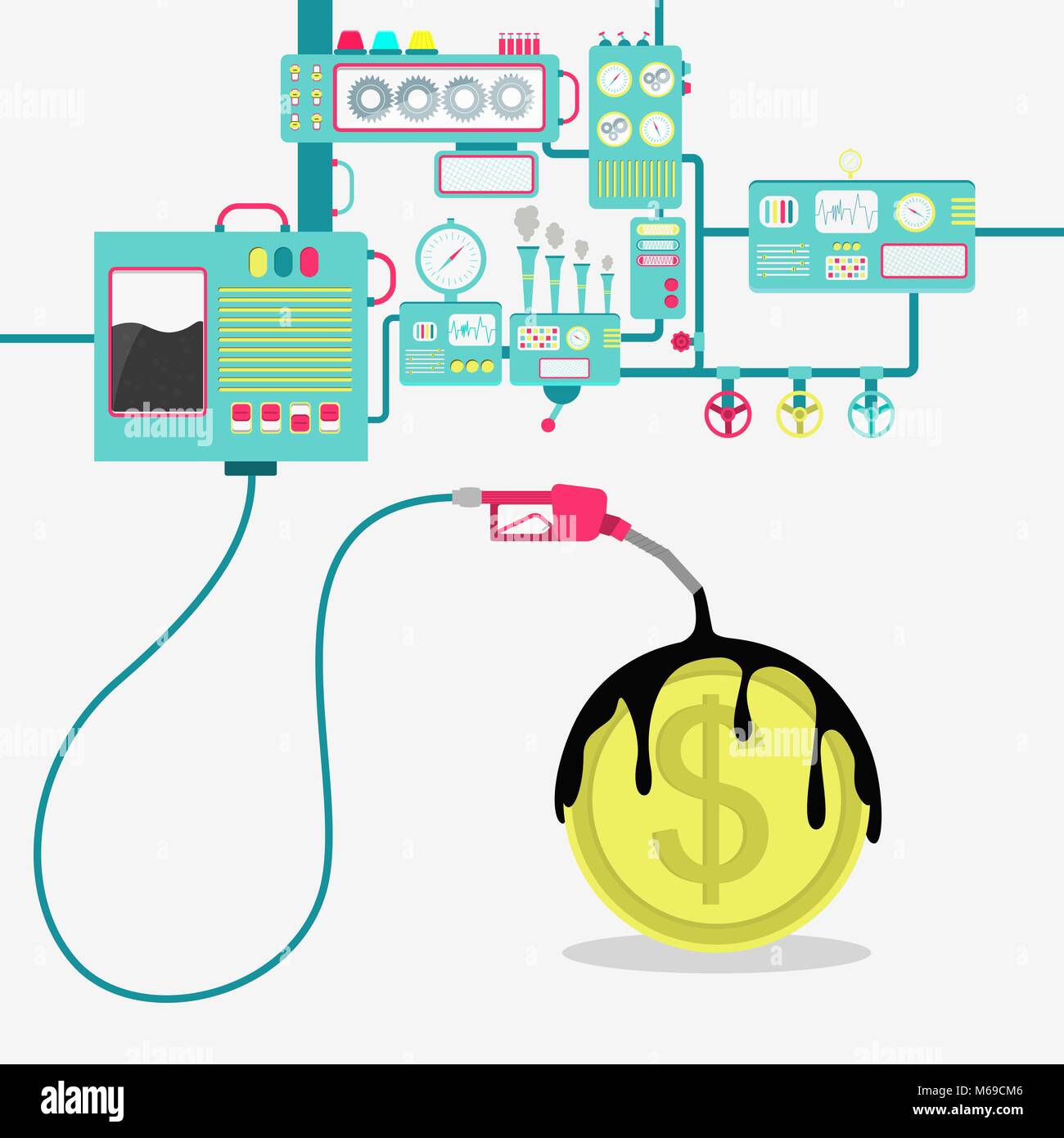 Macchinari di fabbrica olio di raffinazione e la fuoriuscita di olio sulla moneta. Industria petrolifera. Concettuale. Illustrazione Vettoriale