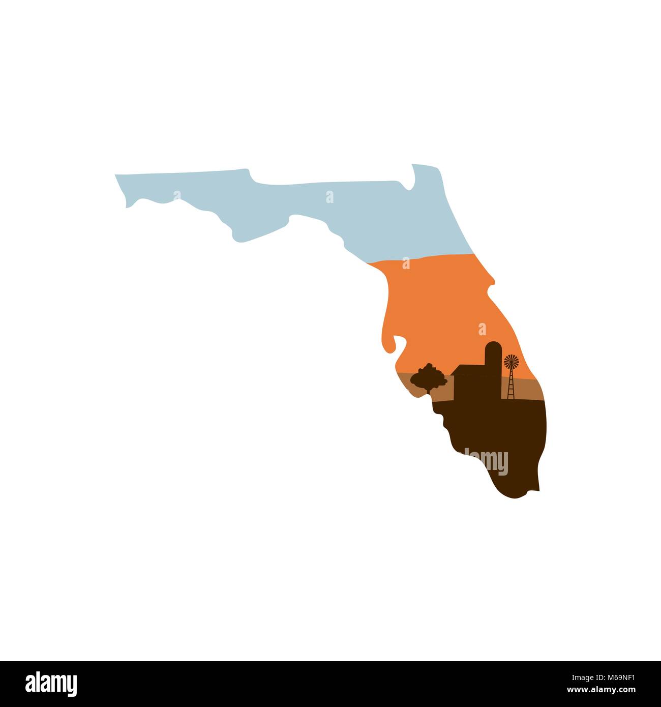 Florida stato di forma w Farm al tramonto con il mulino a vento, un fienile e un albero Illustrazione Vettoriale