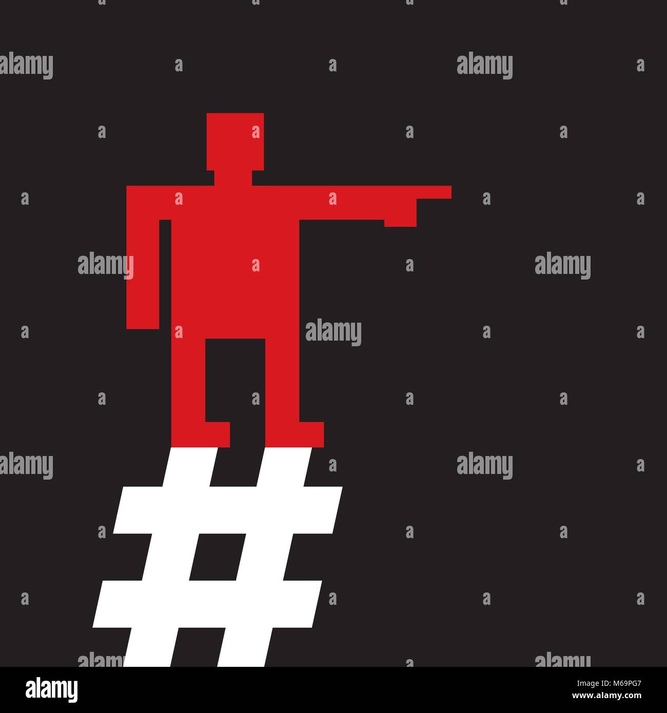 Uomo rosso è la direzione di puntamento mentre in piedi su un hashtag segno, stile costruttivista Illustrazione Vettoriale