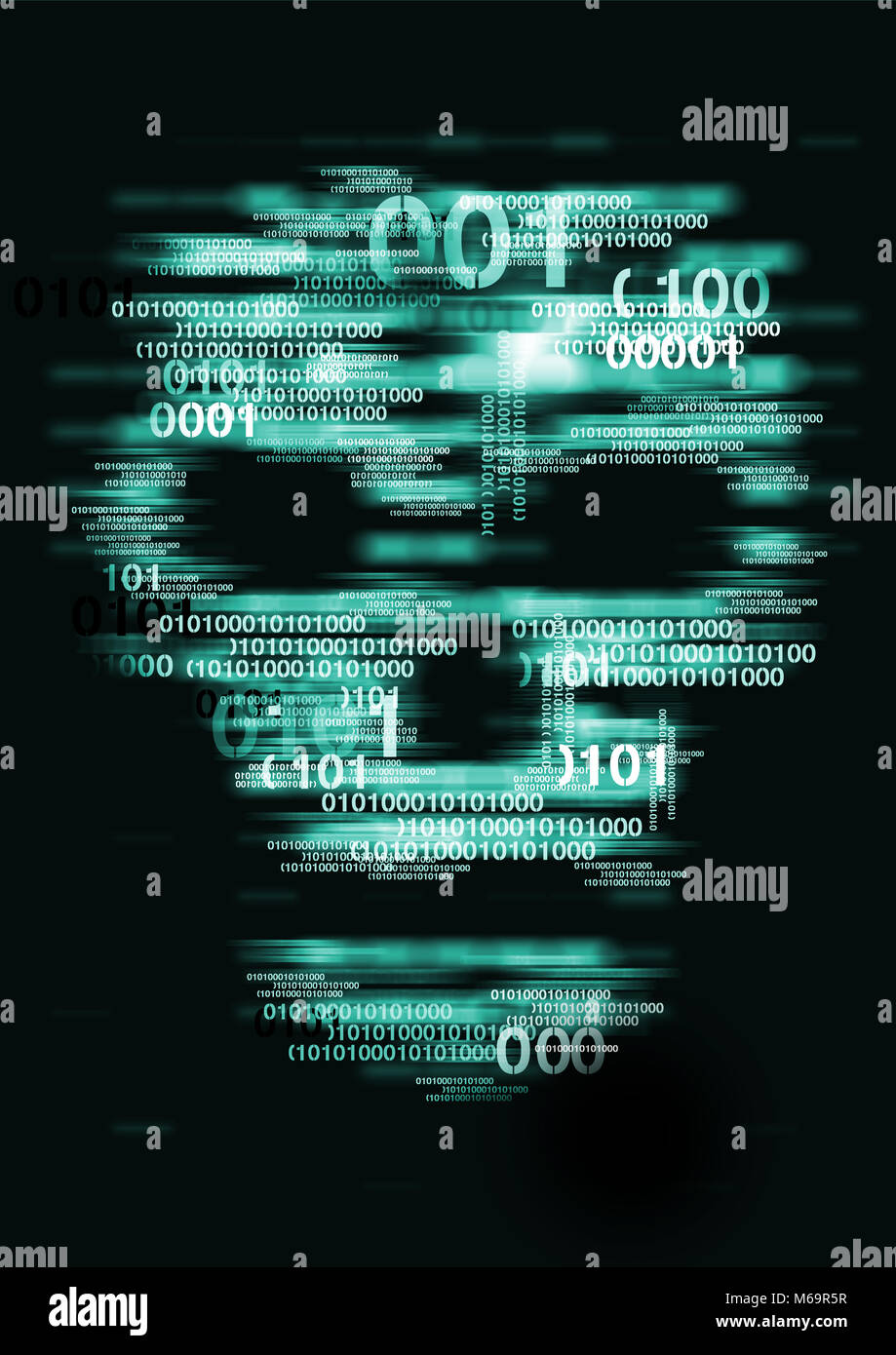 La pirateria informatica cranio concetto. Illustrazione del cranio astratta segno con codici binari su sfondo blu. Concetto per la pirateria online, l'hacking. Foto Stock