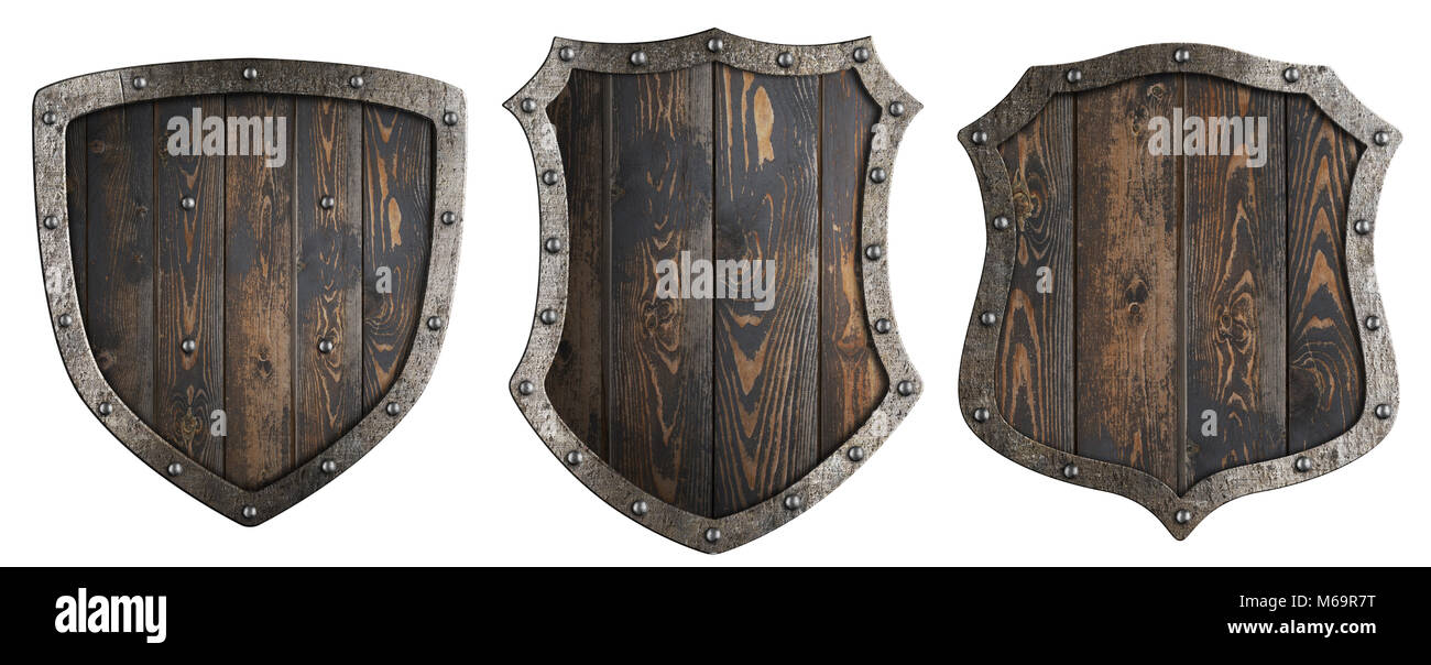 Medievale in legno scudi araldici impostare isolato 3d illustrazione Foto Stock