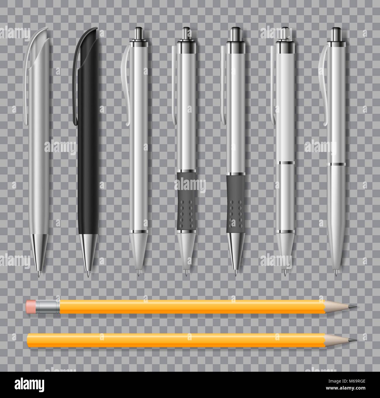 Set di ufficio realistico penne e matite isolato su sfondo trasparente. Articoli di cancelleria bianco in bianco e nero della penna. Illustrazione Vettoriale Illustrazione Vettoriale