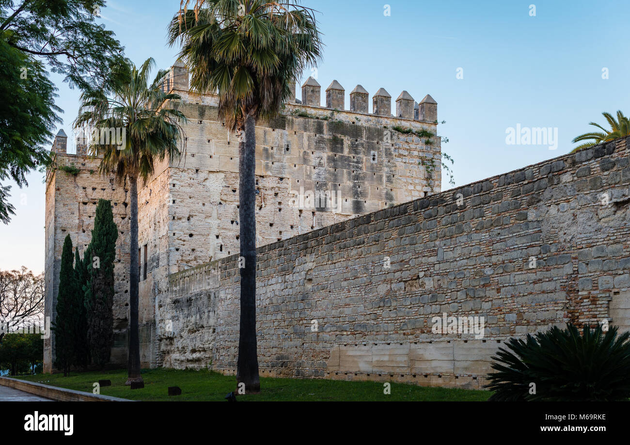 Parte delle pareti dell'Alcazar di Jerez de la Frontera, un ex alcázar moresco, oggi sede di un parco, a Jerez de la Frontera, Andalusia, Spagna. Foto Stock