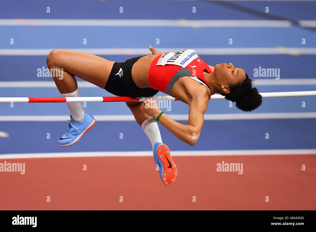 Birmingham, Regno Unito. 2 Marzo, 2018. Birmingham, Regno Unito. 2 Mar, 2018. Caroline Agnou (SUI) in Donne Salto in alto durante il pentathlon IAAF Campionati mondiali Indoor a Arena Birmingham su Venerdì, 02 marzo 2018. BIRMINGHAM INGHILTERRA. Credito: Taka G Wu Credito Credito: Taka Wu/Alamy Live News Foto Stock