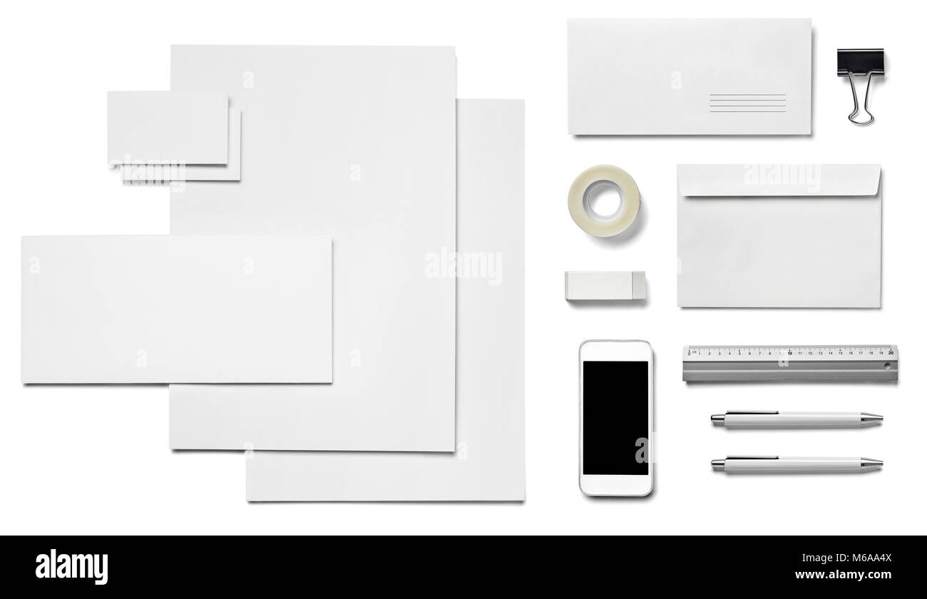 Raccolta di vari white business i modelli di stampa su sfondo bianco. ciascuno è girato separatamente Foto Stock