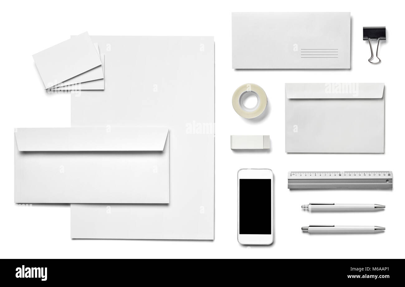 Raccolta di vari white business i modelli di stampa su sfondo bianco. ciascuno è girato separatamente Foto Stock