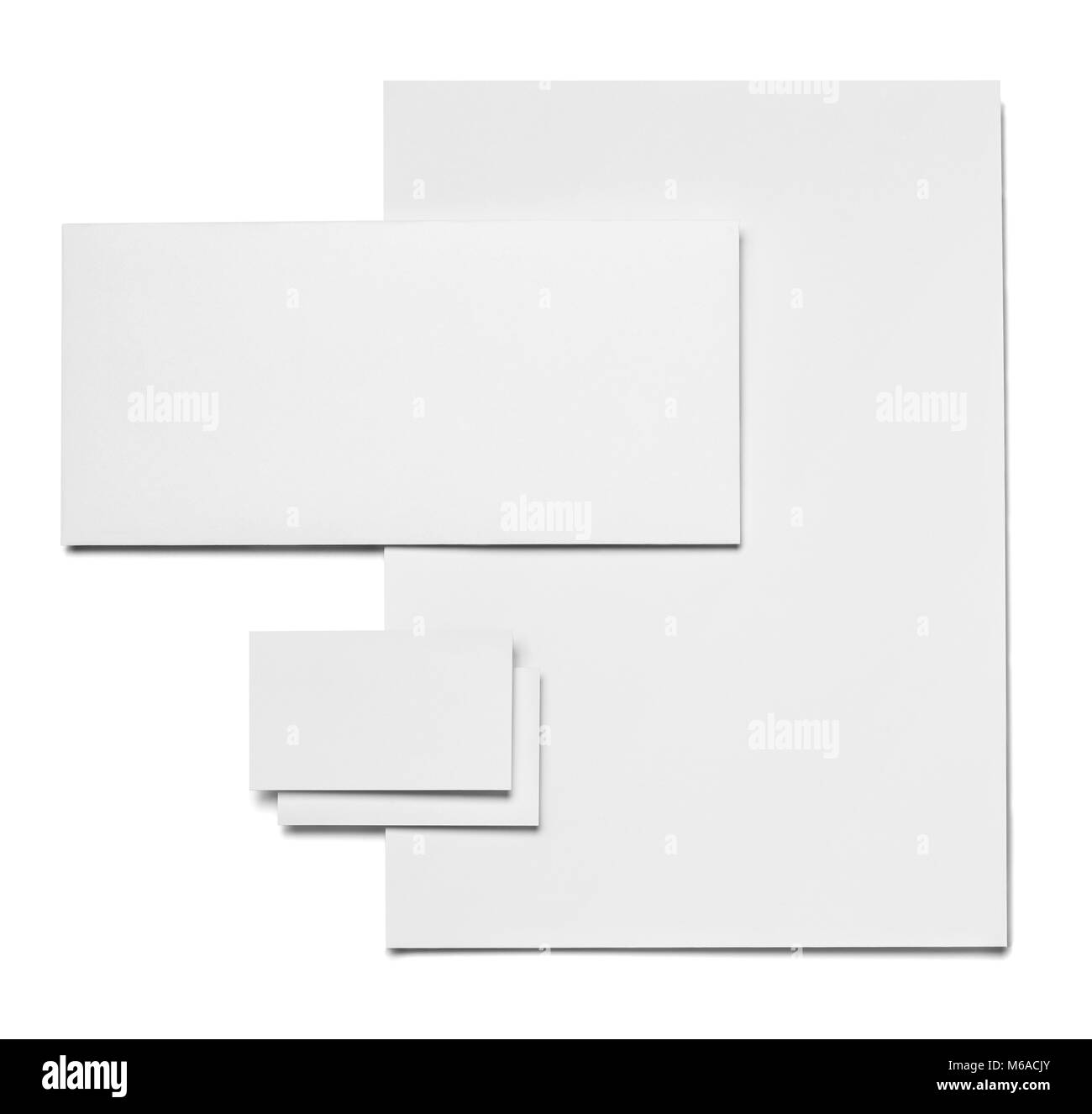 Buste, carta e business card modello su sfondo bianco Foto Stock
