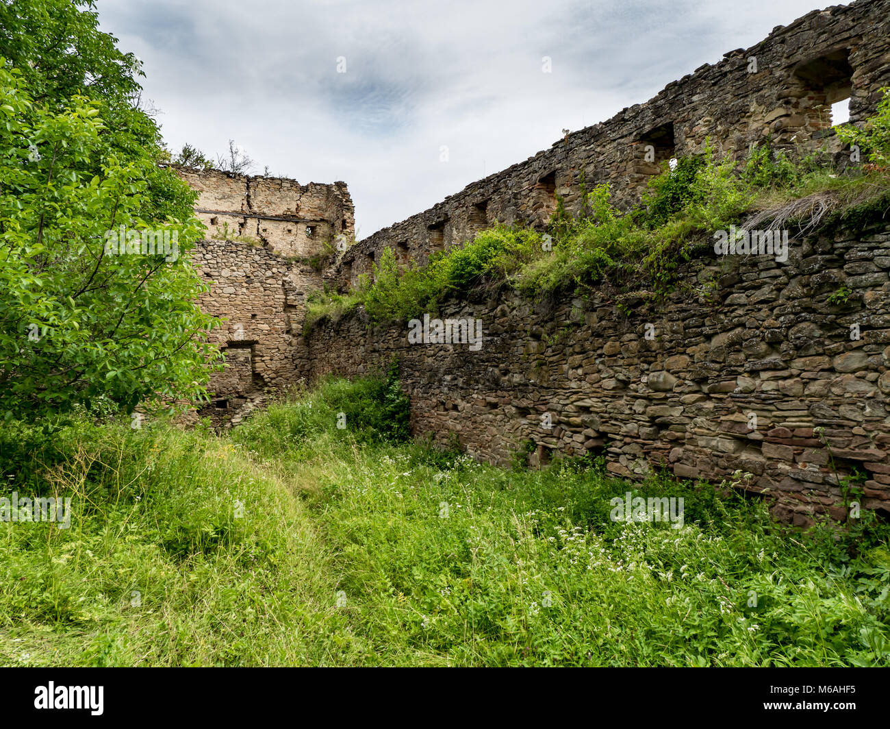 Le mura della fortezza medievale Saschiz in Transilvania Foto Stock