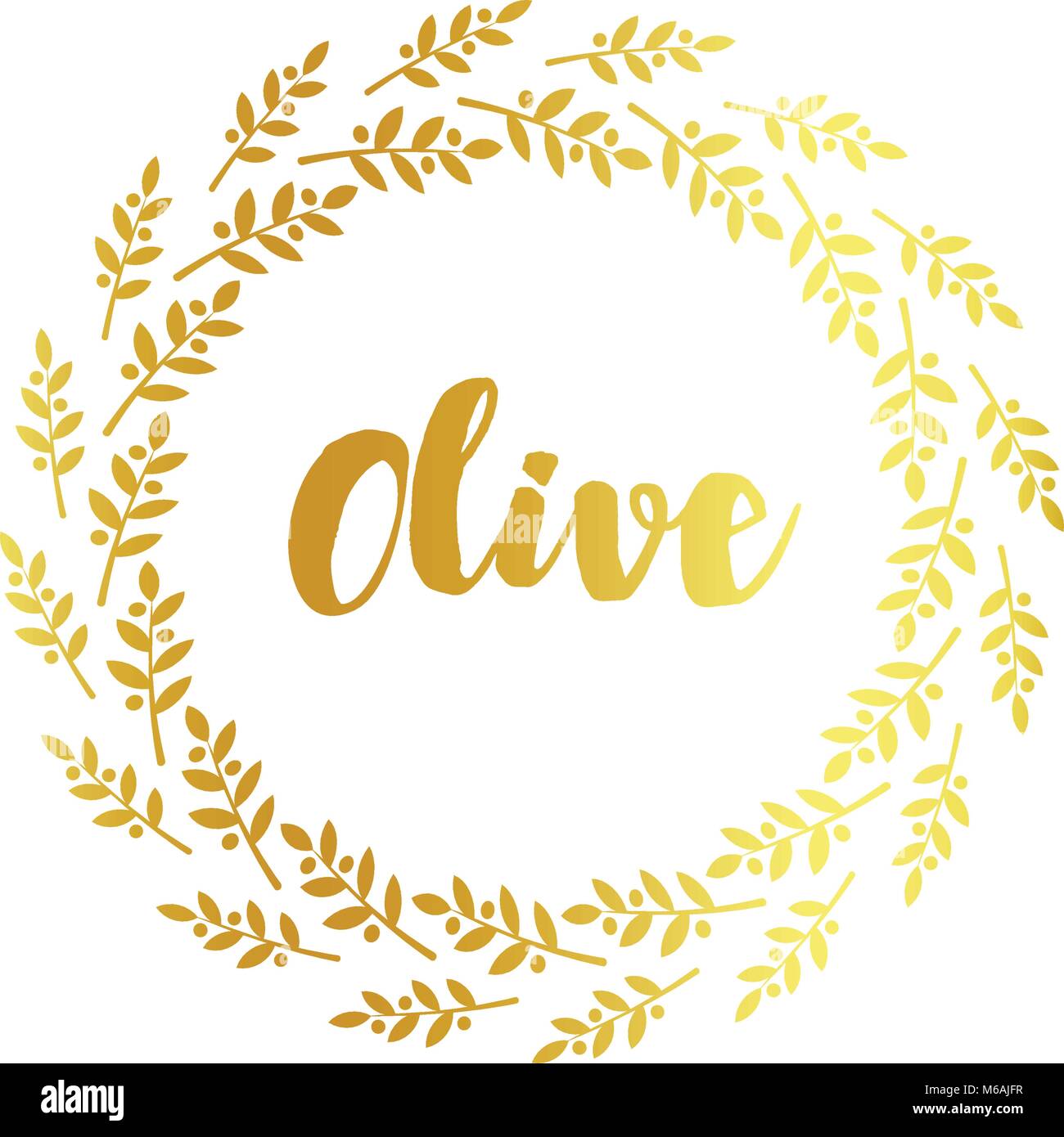 Etichetta di oliva, golden cornice ornamentale, illustrazione vettoriale su sfondo bianco. Illustrazione Vettoriale