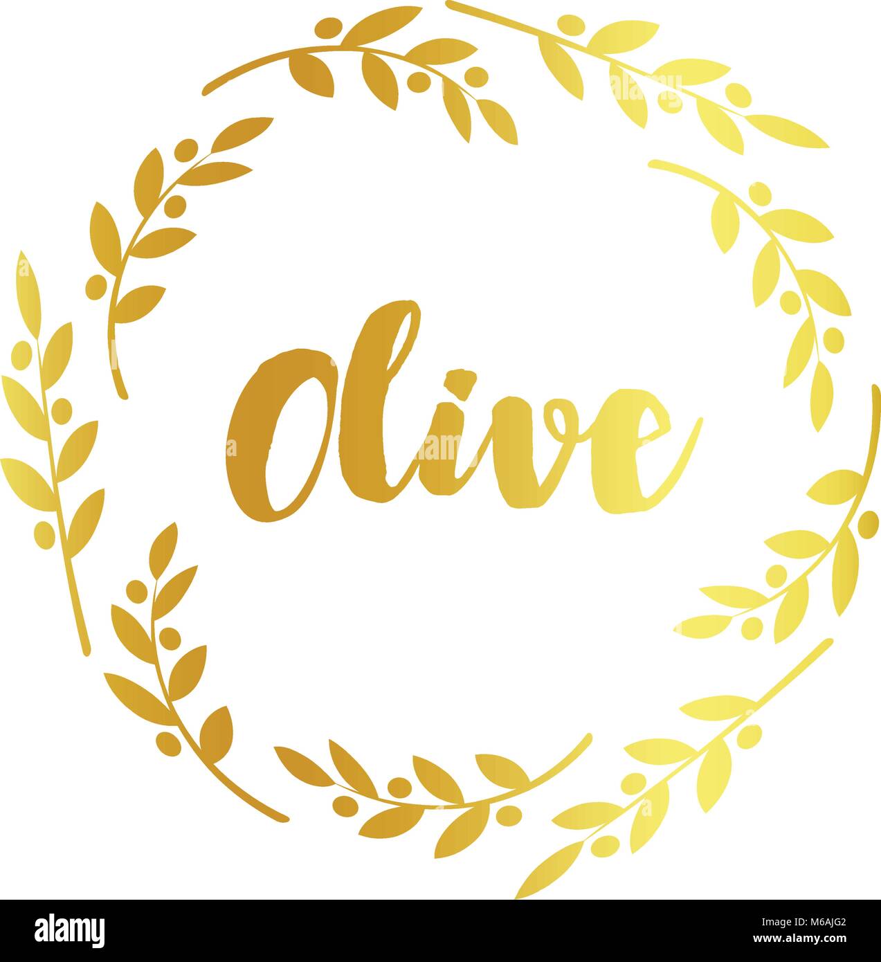 Etichetta di oliva, golden cornice ornamentale, illustrazione vettoriale su sfondo bianco. Illustrazione Vettoriale