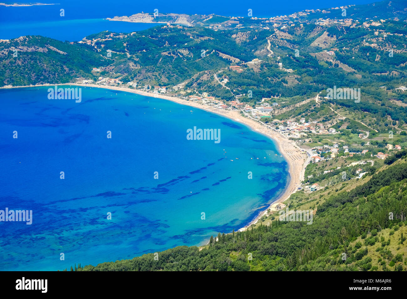 L'isola di Corfù panorama dall'alto. Corfù spiaggia costa birds eye view Foto Stock