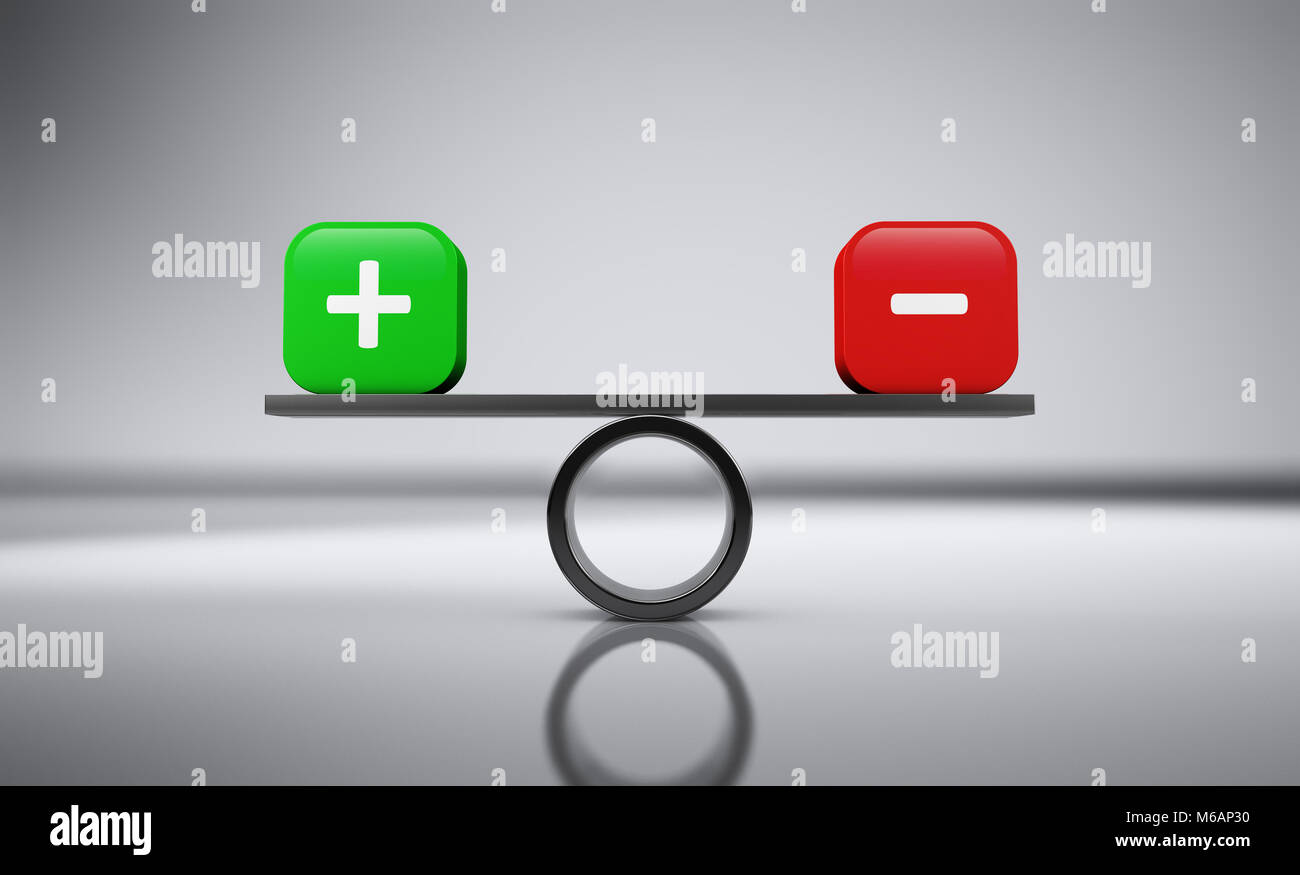 I segni più e meno icona e segno di equilibrio finanziario aziendale concetto 3D immagine su sfondo grigio. Foto Stock
