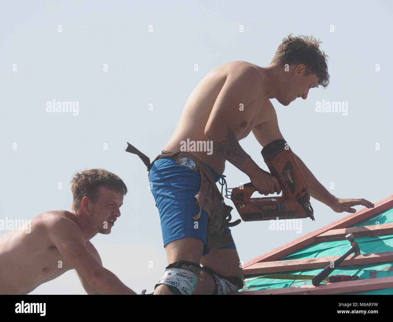 Coperture gli appaltatori che lavorano sul tetto della nuova build Hopkins case di sviluppo, NORFOLK Foto Stock