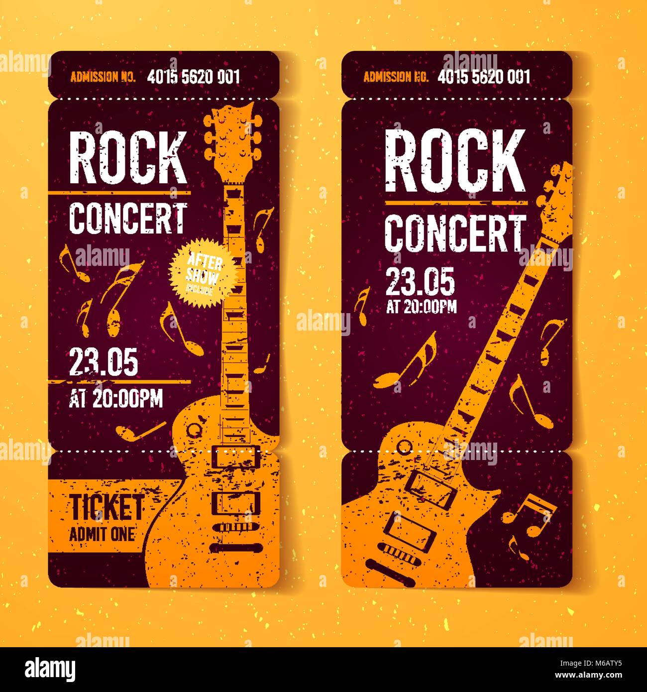 Illustrazione Vettoriale orange rock concert ticket modello di progettazione con la chitarra e cool effetti splash in background Illustrazione Vettoriale