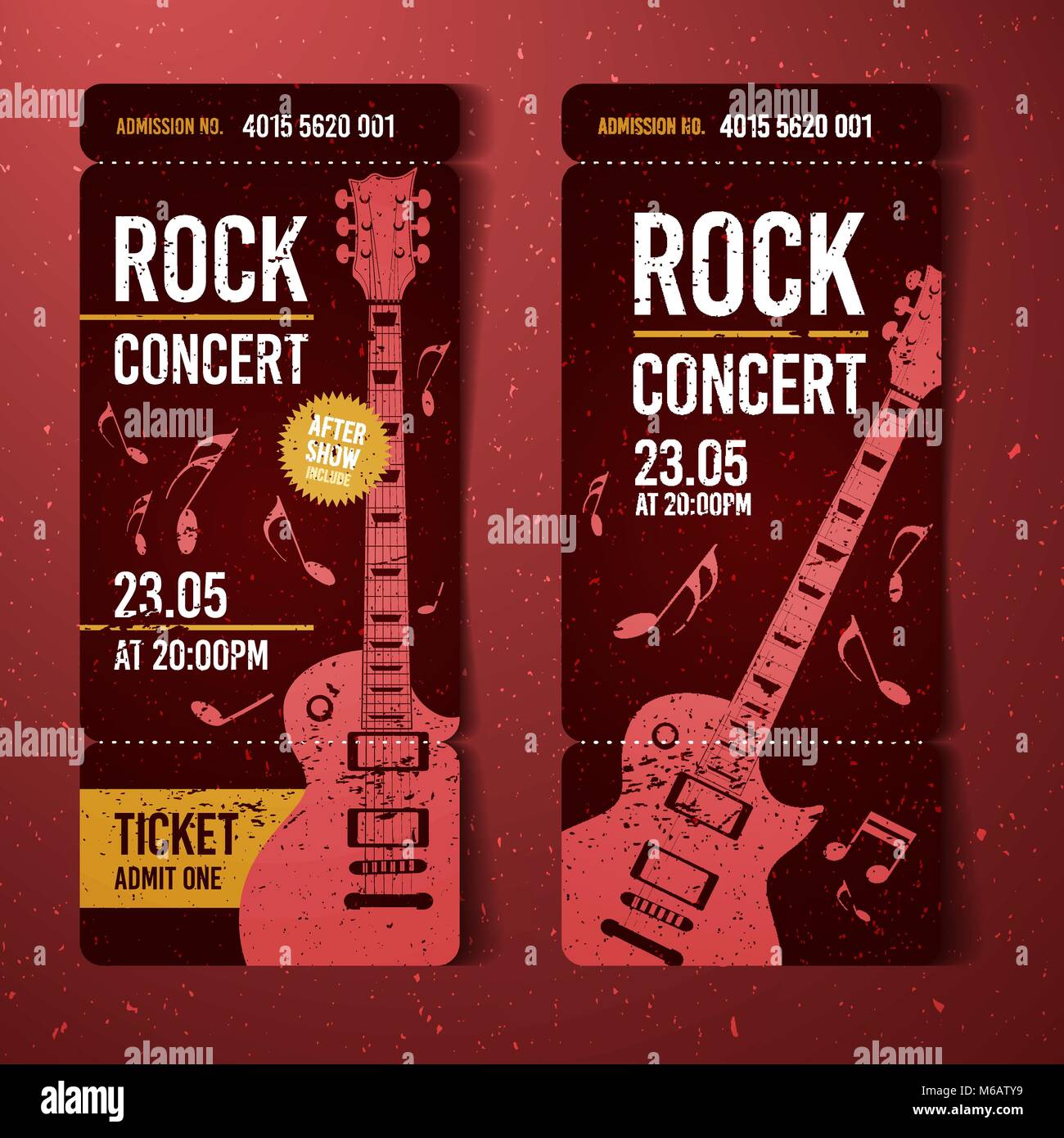 Illustrazione Vettoriale red rock concert ticket modello di progettazione con la chitarra e cool effetti splash in background Illustrazione Vettoriale