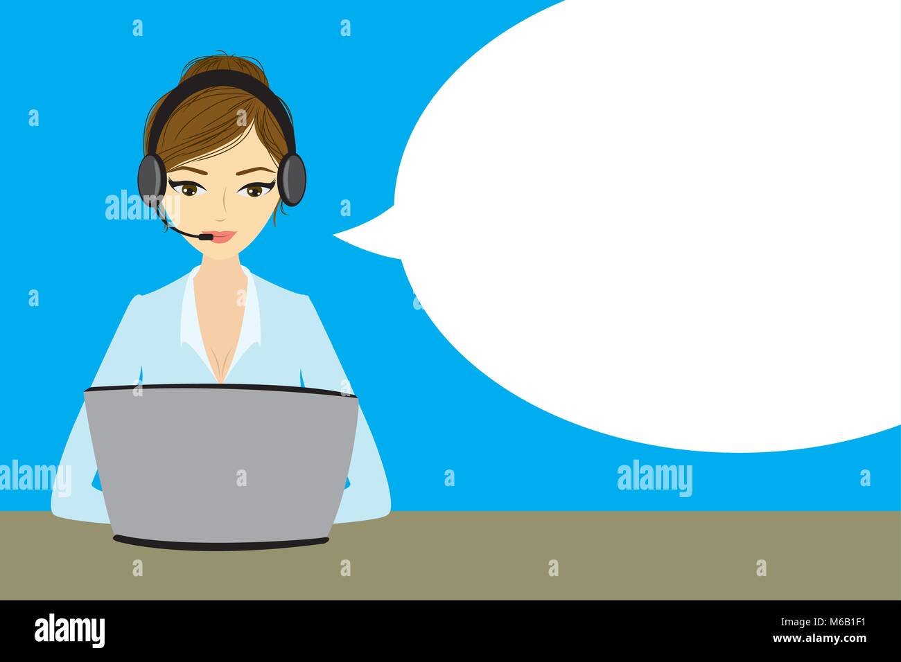 Rappresentante del servizio clienti al computer in cuffia . Cartoon operatore telefonico con discorso bolla. Illustrazione Vettoriale Illustrazione Vettoriale