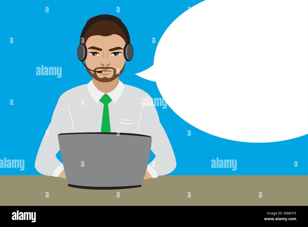 Rappresentante del servizio clienti al computer in cuffia.. Cartoon operatore telefonico con bolla bianca il discorso. Illustrazione Vettoriale Illustrazione Vettoriale