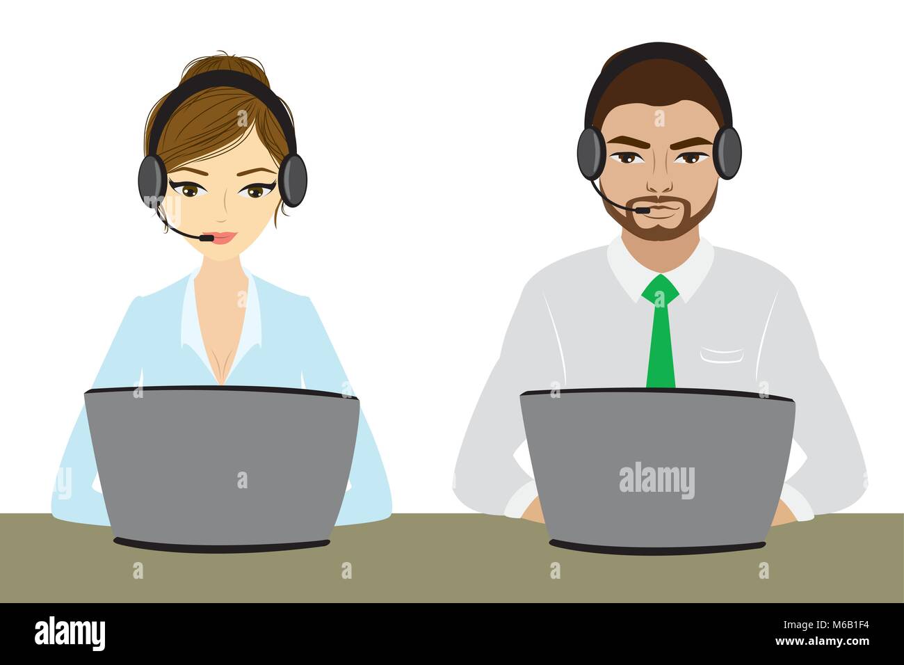 Rappresentante del servizio clienti al computer in cuffia. isolato su bianco. Cartoon operatore telefonico. Illustrazione Vettoriale Illustrazione Vettoriale