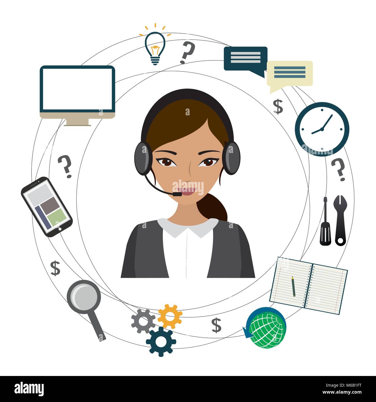 Customer service design, Cartoon operatore telefonico e icone. stock illustrazione vettoriale Illustrazione Vettoriale