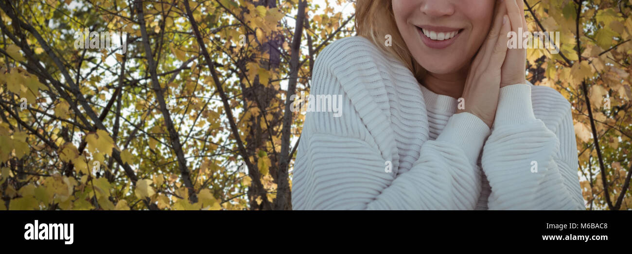 Immagine composita del ritratto di donna sorridente che indossa un maglione con le mani incrociate Foto Stock