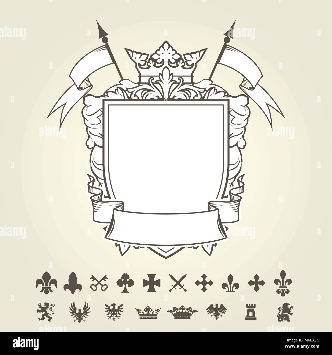 Modello vuoto di stemma con scudo e set di simboli araldici Immagine e  Vettoriale - Alamy