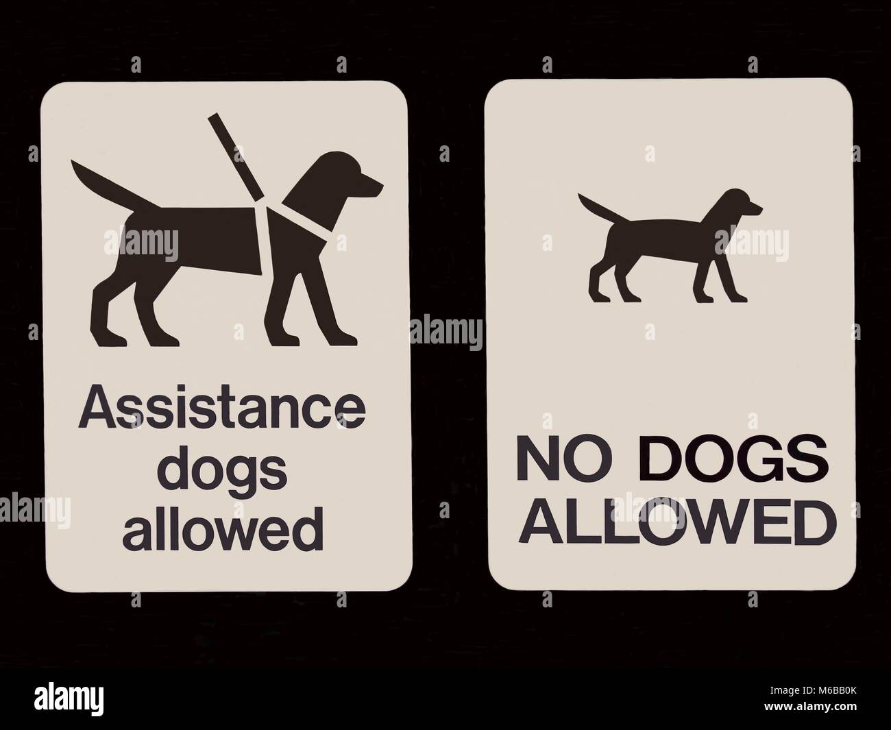 Un doppio segno indicante che i cani sono ammessi e che non sono ammessi nella zona Foto Stock