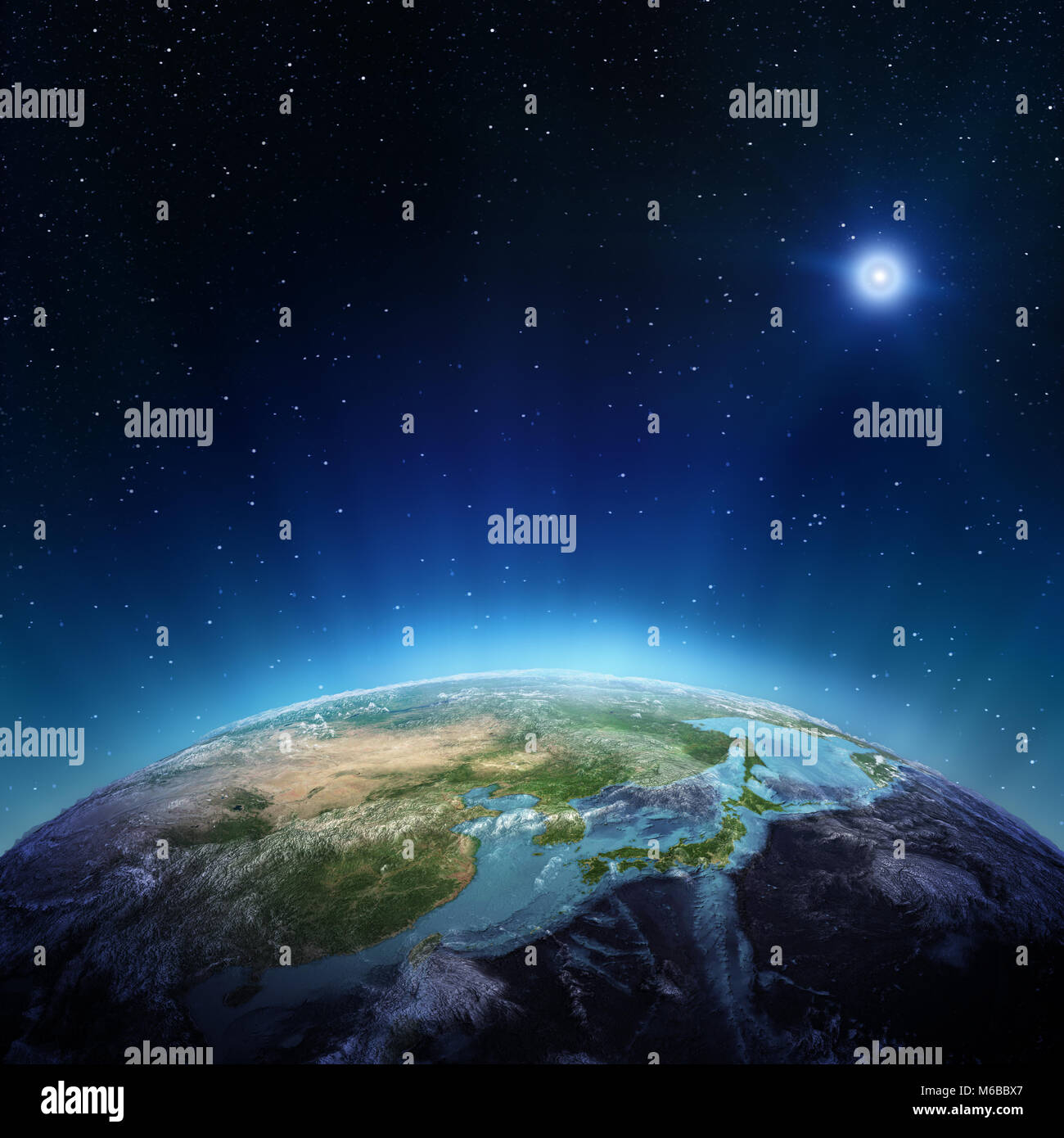 Il Giappone e la Cina dallo spazio 3D rendering Foto Stock